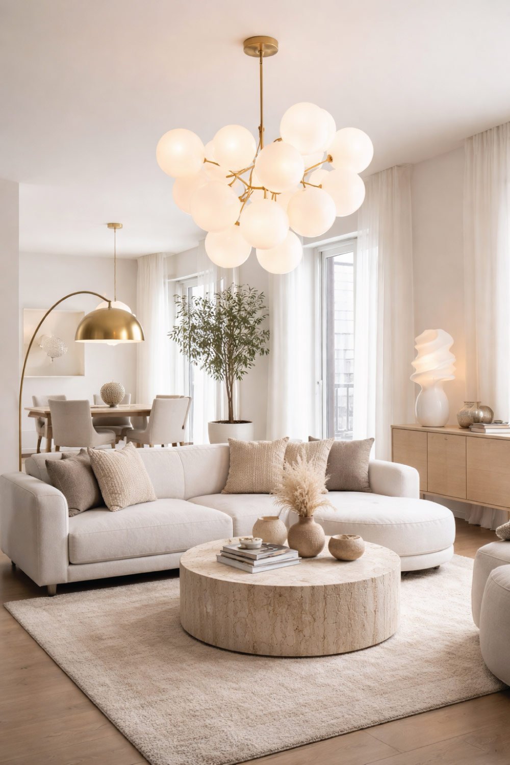 Apartment Living Room with Statement Lighting