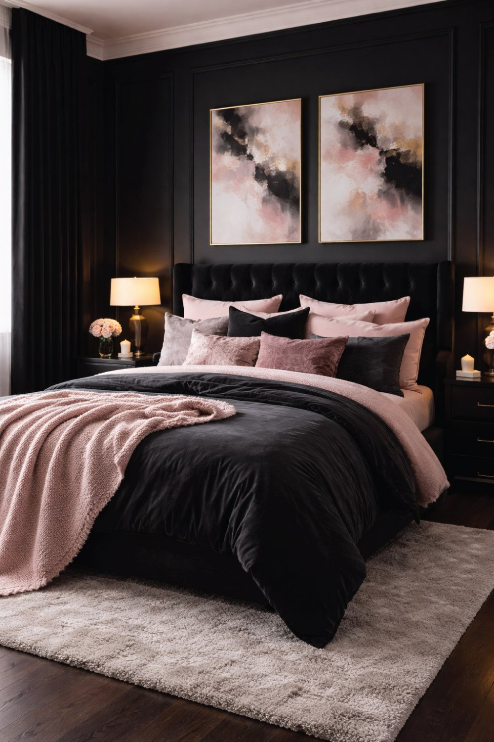Black Bedroom with Blush Pink Accents DEGIN