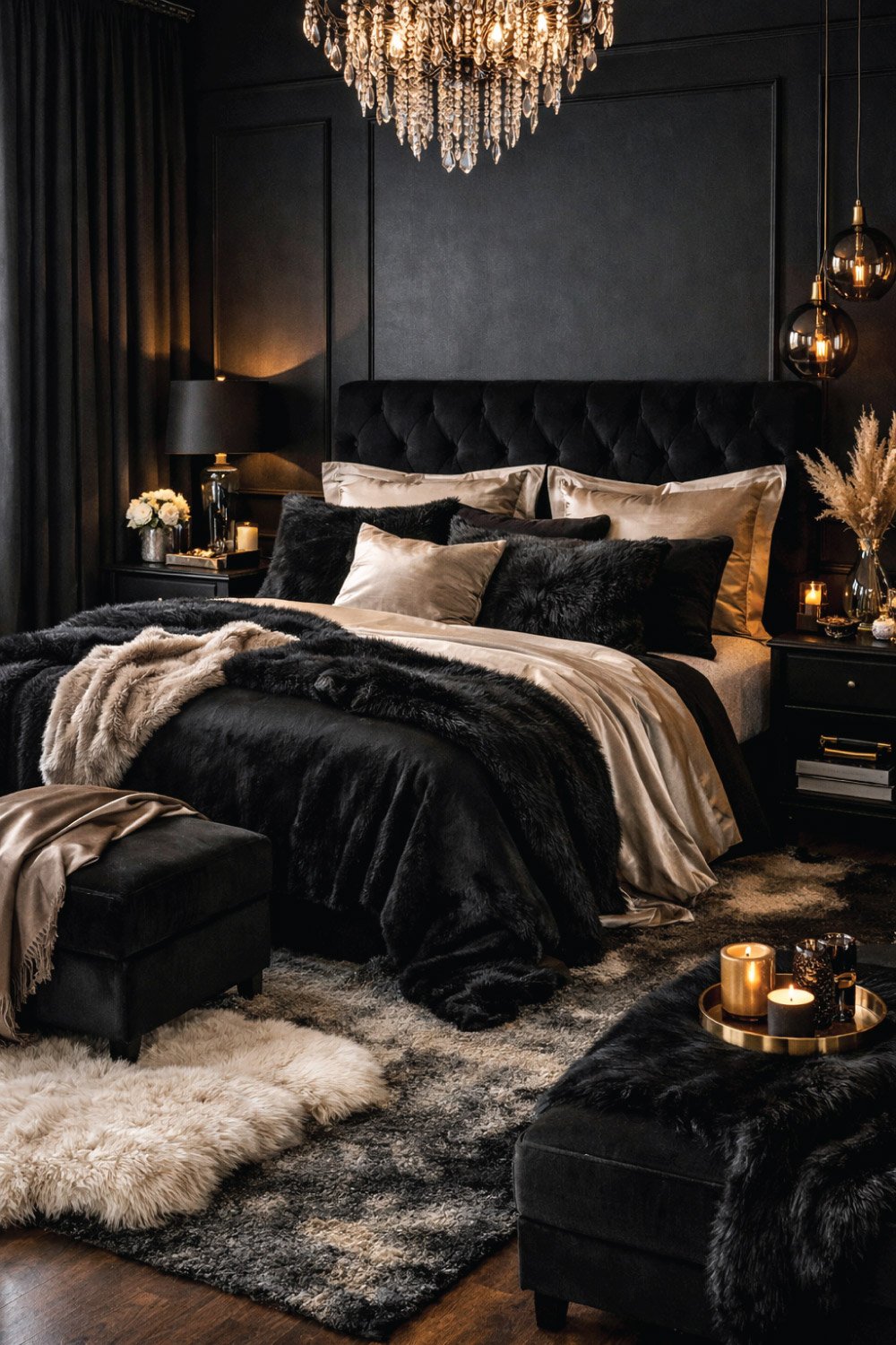 Black Bedroom with Luxurious Textiles DEGIN