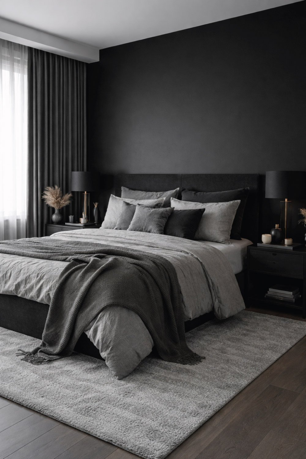 Black Bedroom with Soft Gray Layers DEGIN