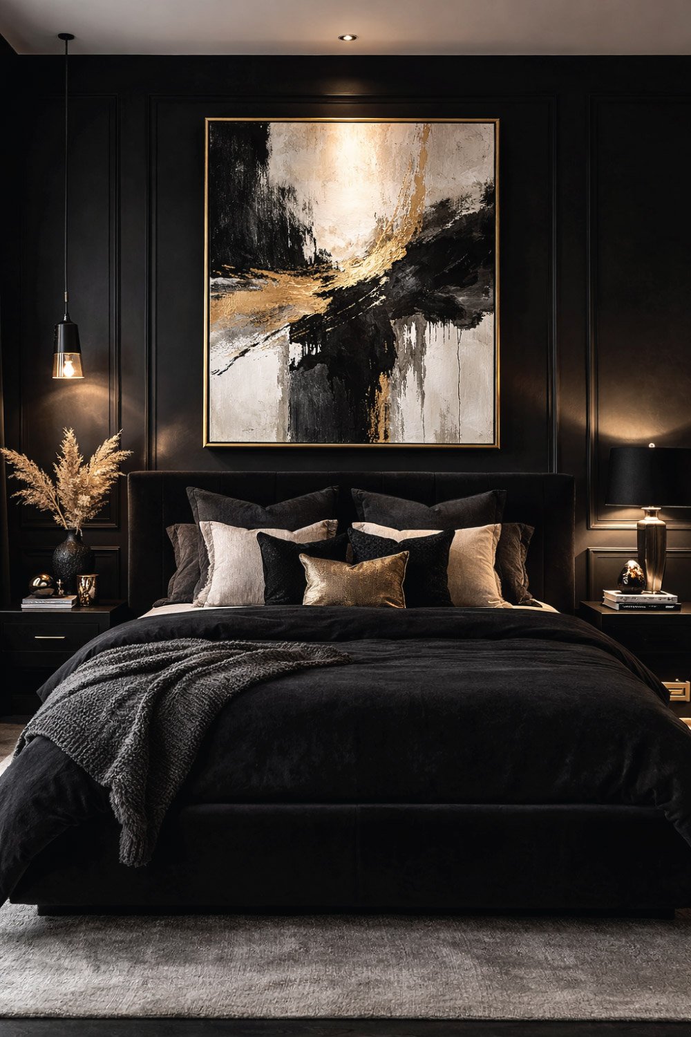 Black Bedroom with Statement Art DEGIN