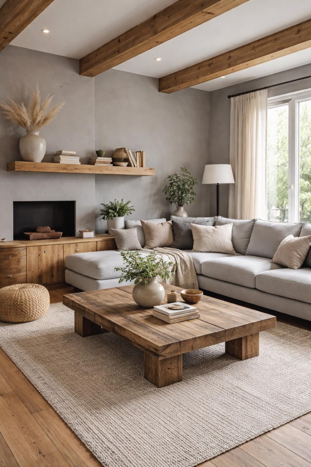 Gray Living Room with Natural Wood