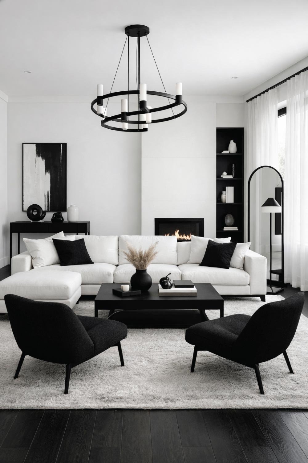 Modern White Living Room with Black Contrast