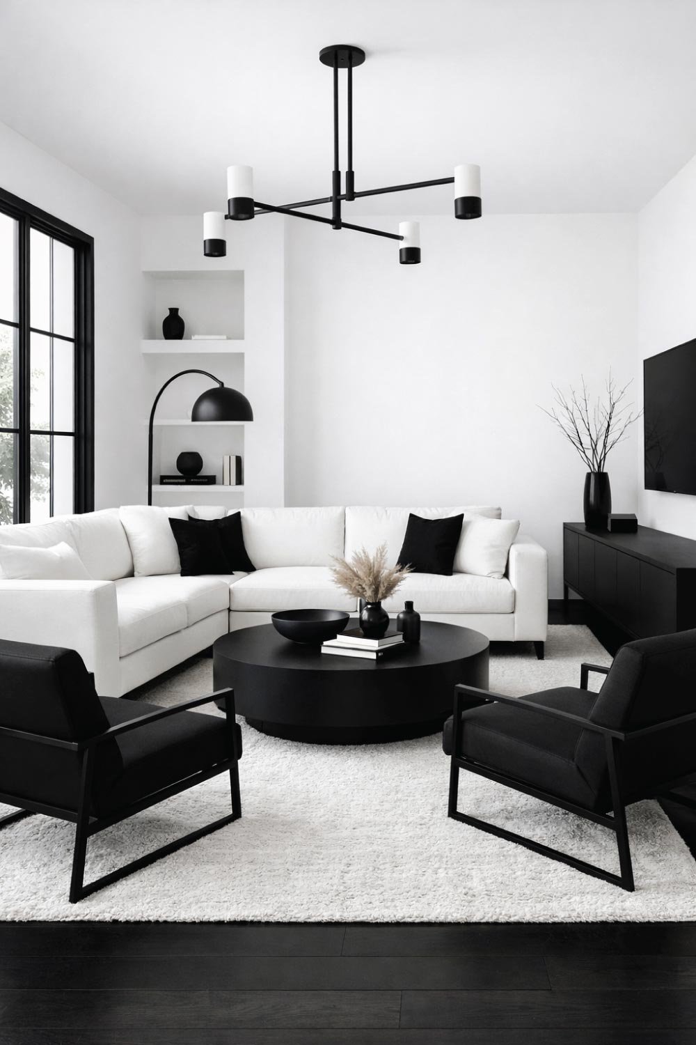 Modern White Living Room with Black Contrast