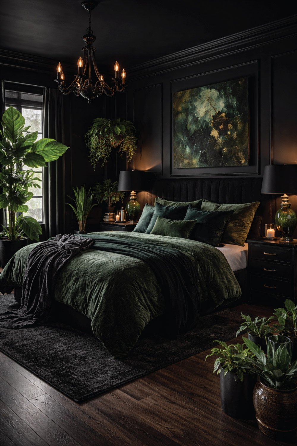 Moody Black Bedroom with Dark Green DEGIN