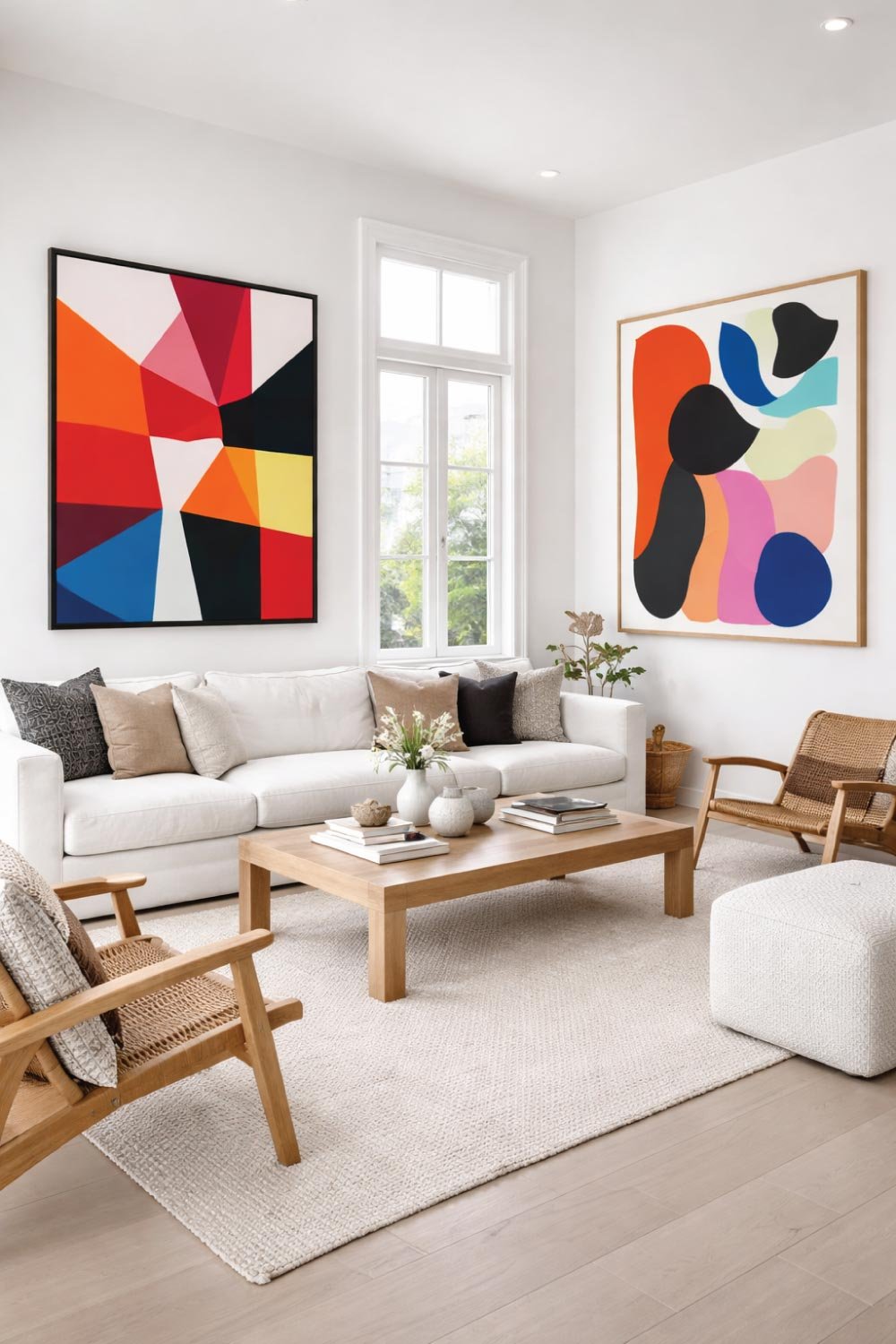 White Living Room with Bold Artwork