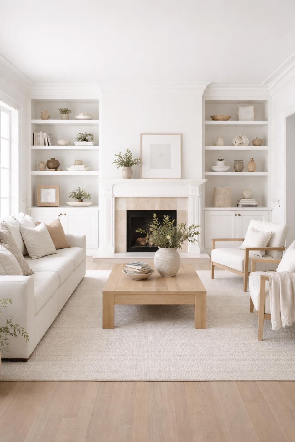 White Living Room with Built-In Shelving
