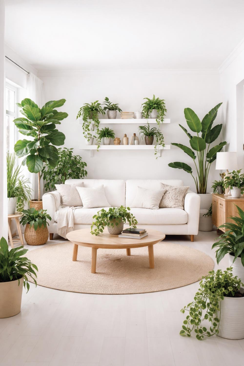 White Living Room with Green Plants