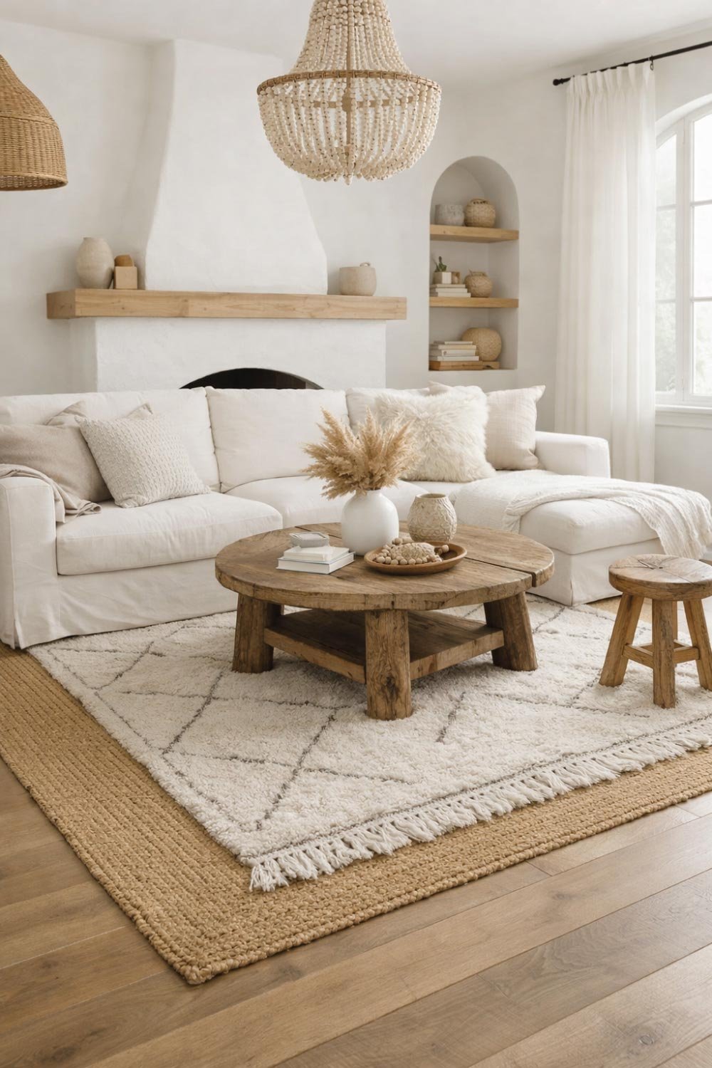 White Living Room with Layered Rugs