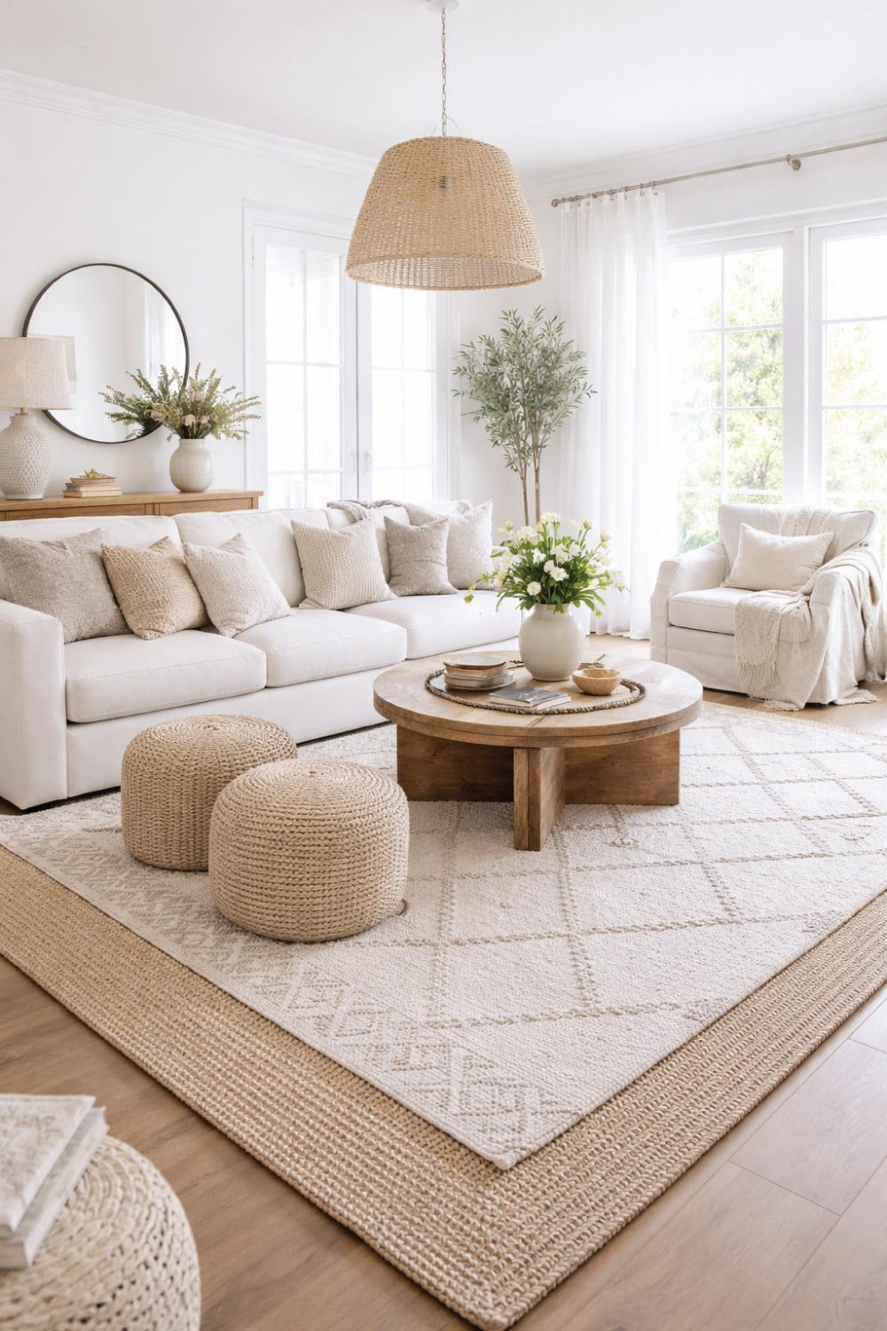 White Living Room with Layered Rugs