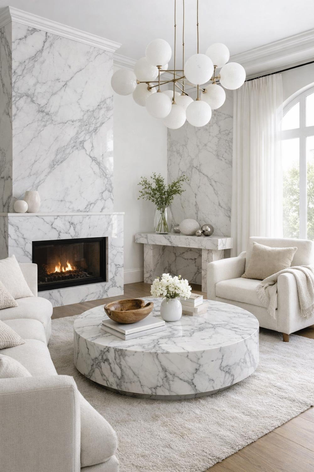 White Living Room with Marble Accents