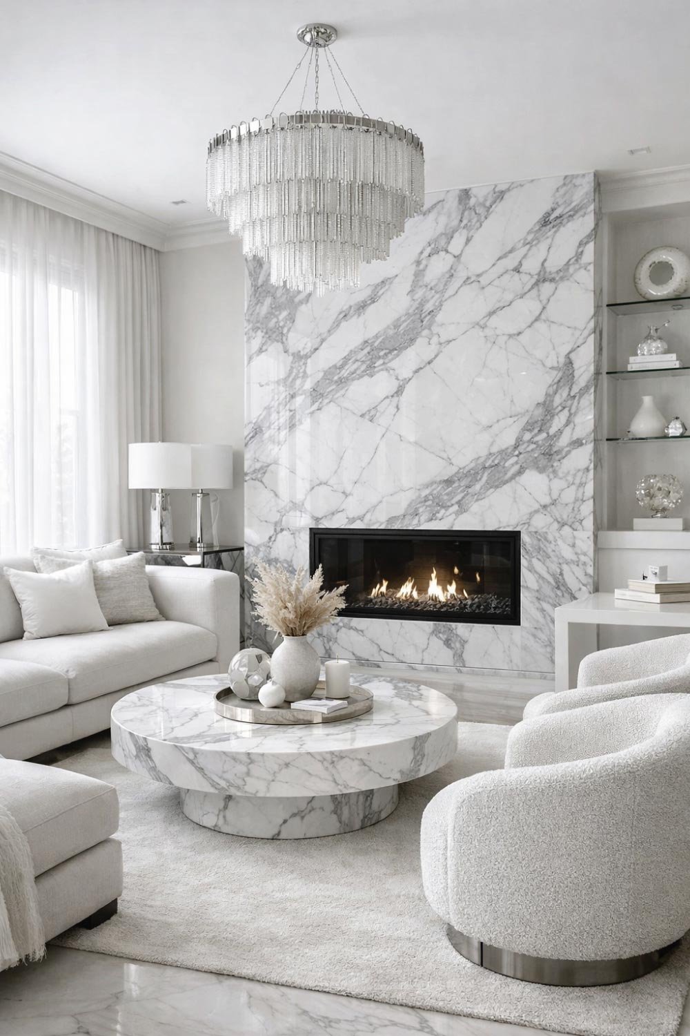 White Living Room with Marble Accents