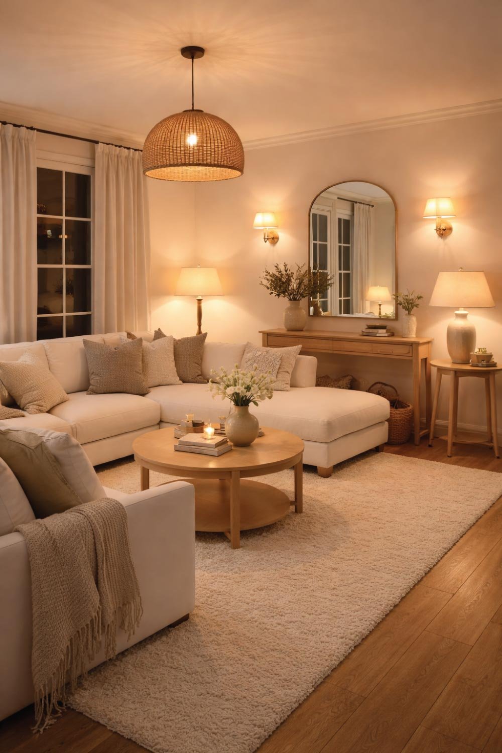 White Living Room with Soft Lighting Ambience