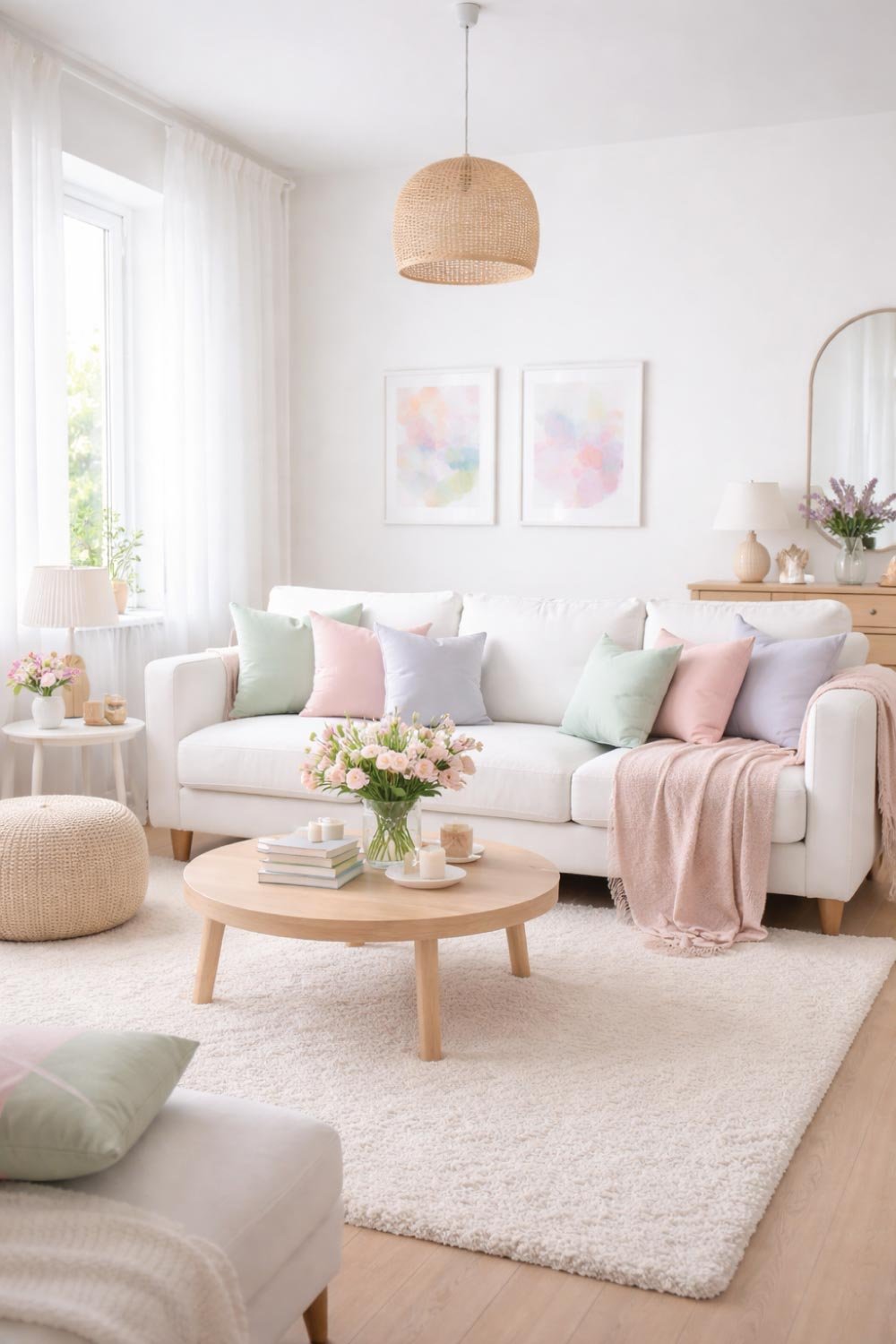 White Living Room with Soft Pastel Touches