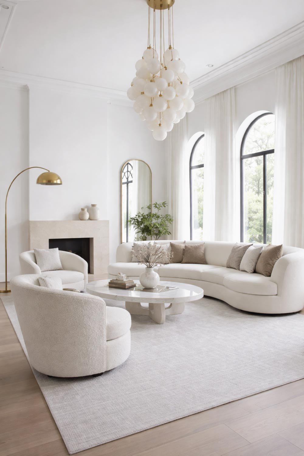White Living Room with Statement Lighting