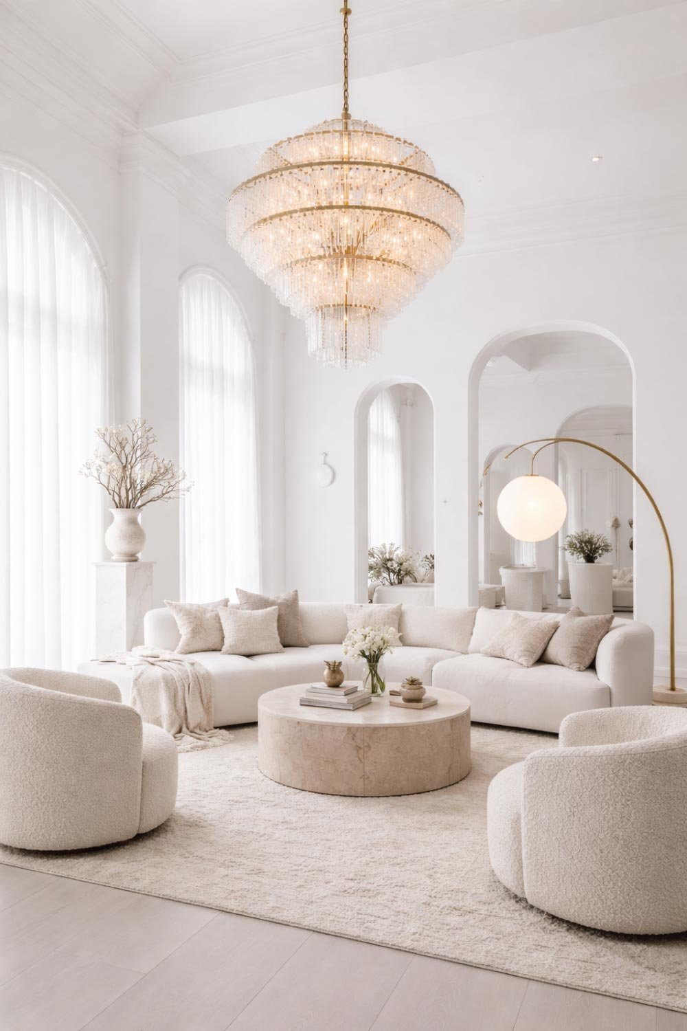 White Living Room with Statement Lighting