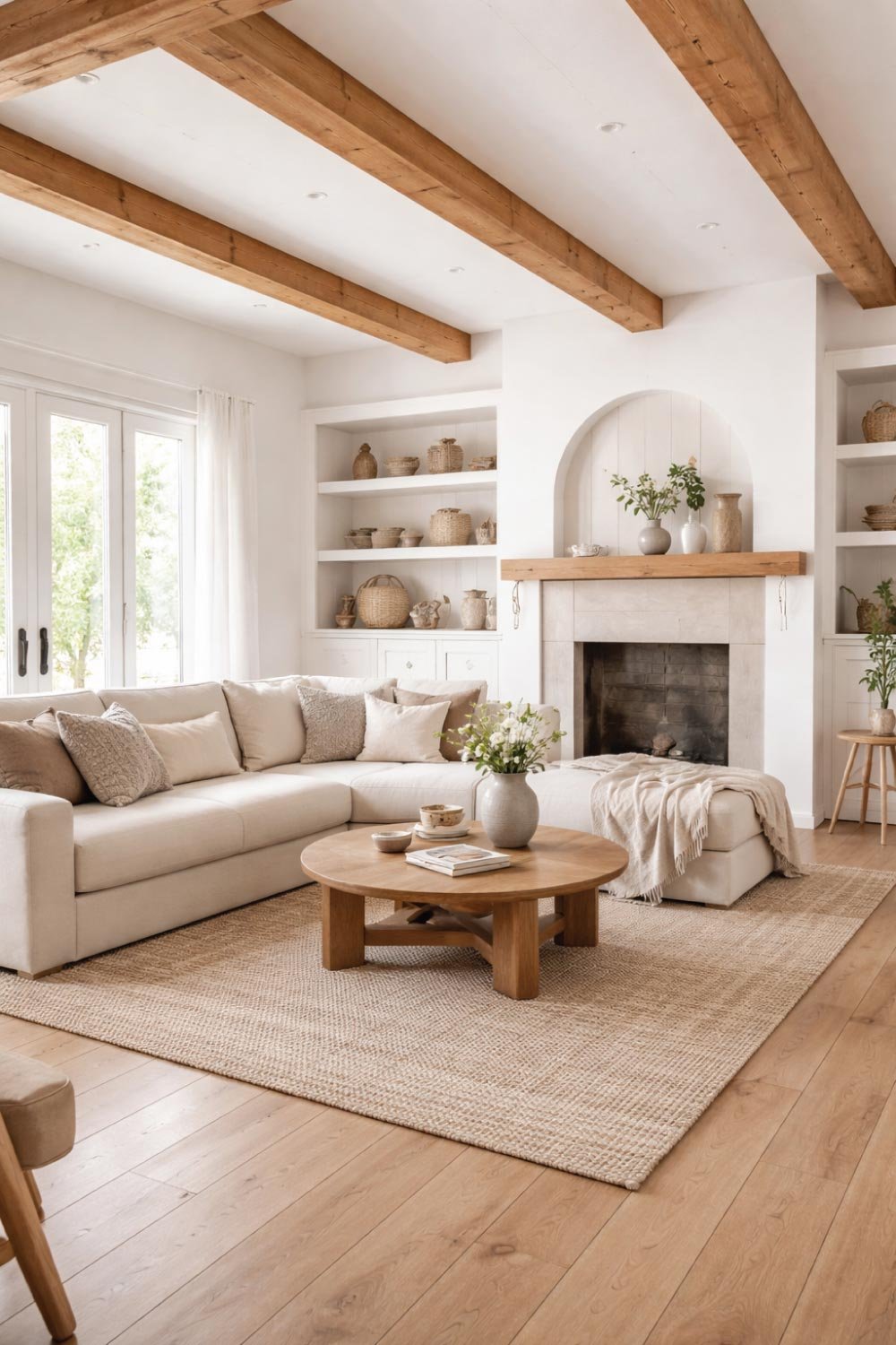 White Living Room with Warm Wood Accents