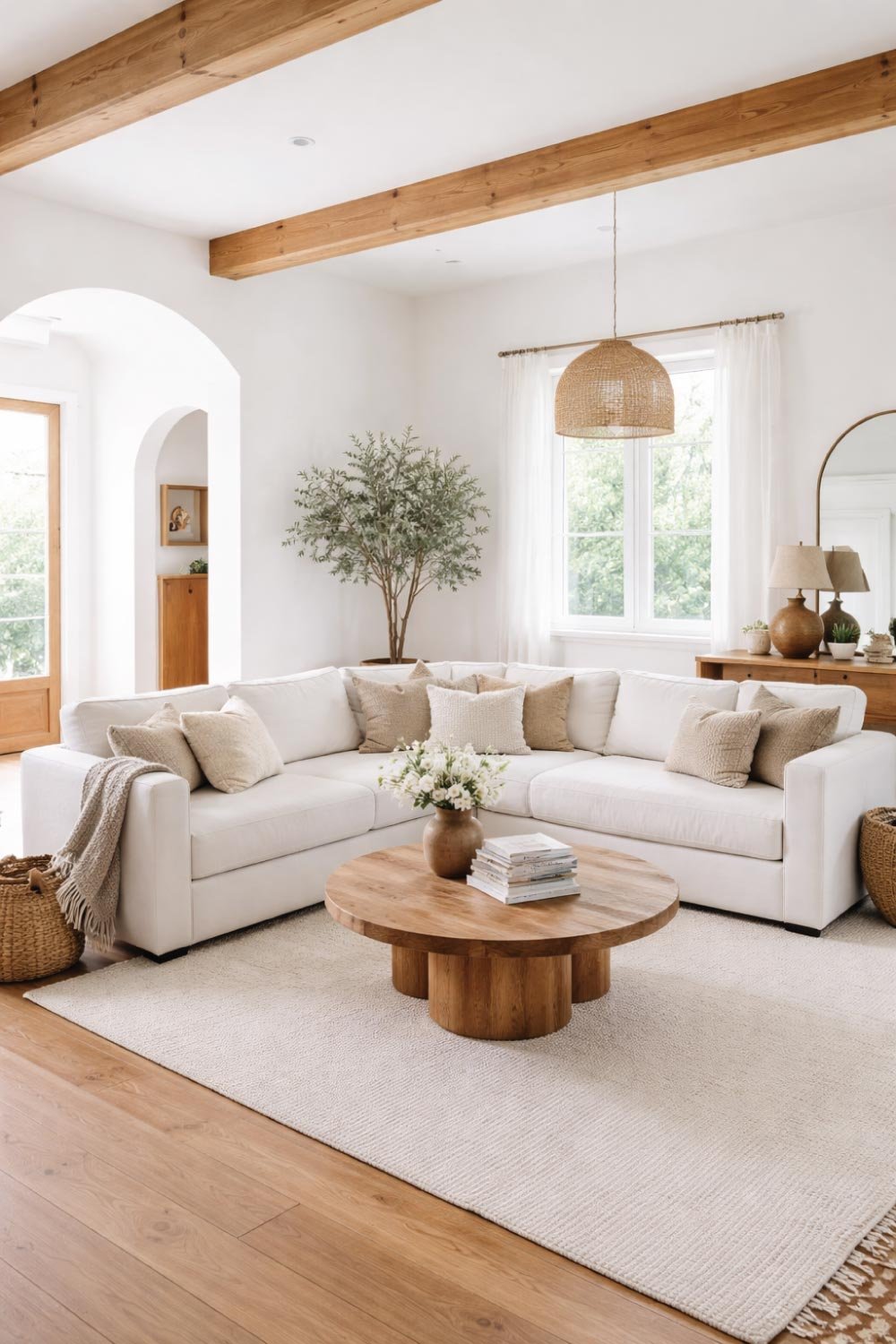 White Living Room with Warm Wood Accents