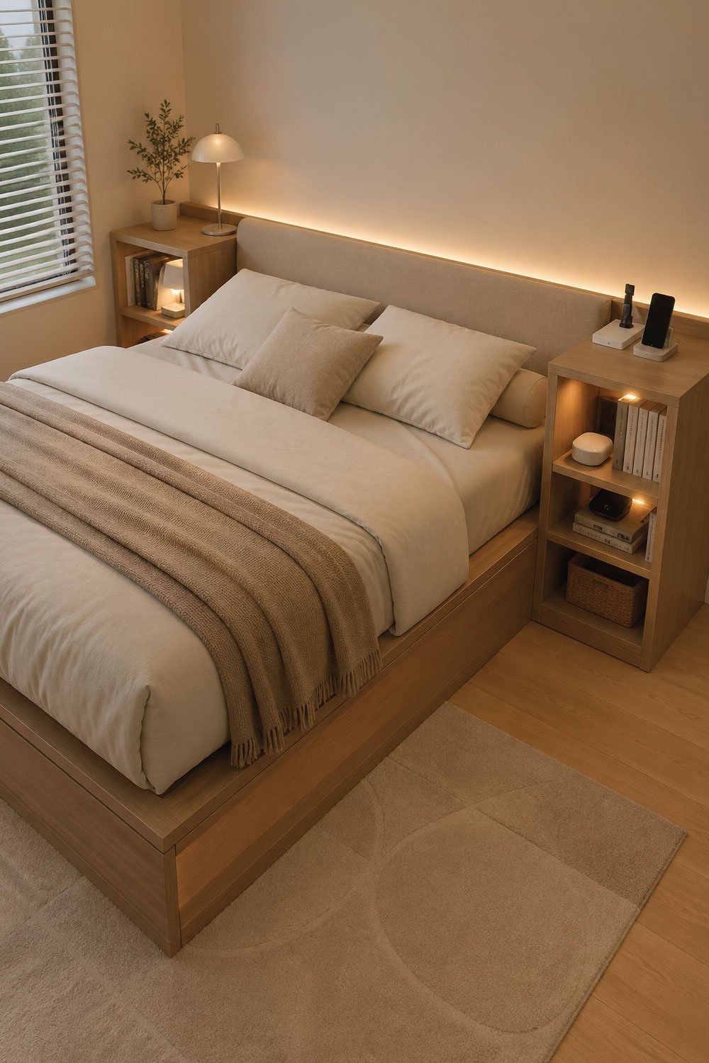 Bed with Side Storage Shelves