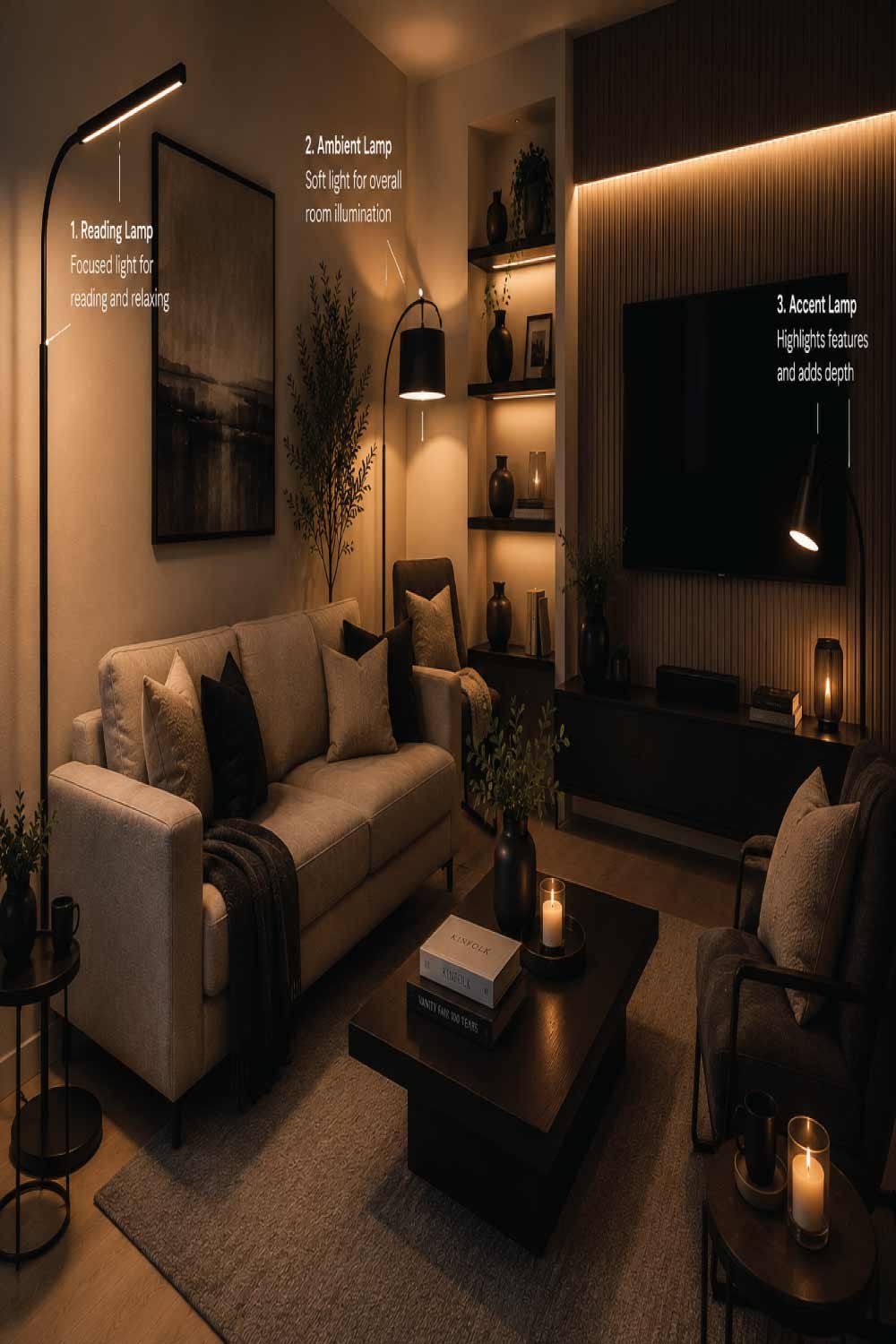 Layered Lighting with Multiple Black Floor Lamps