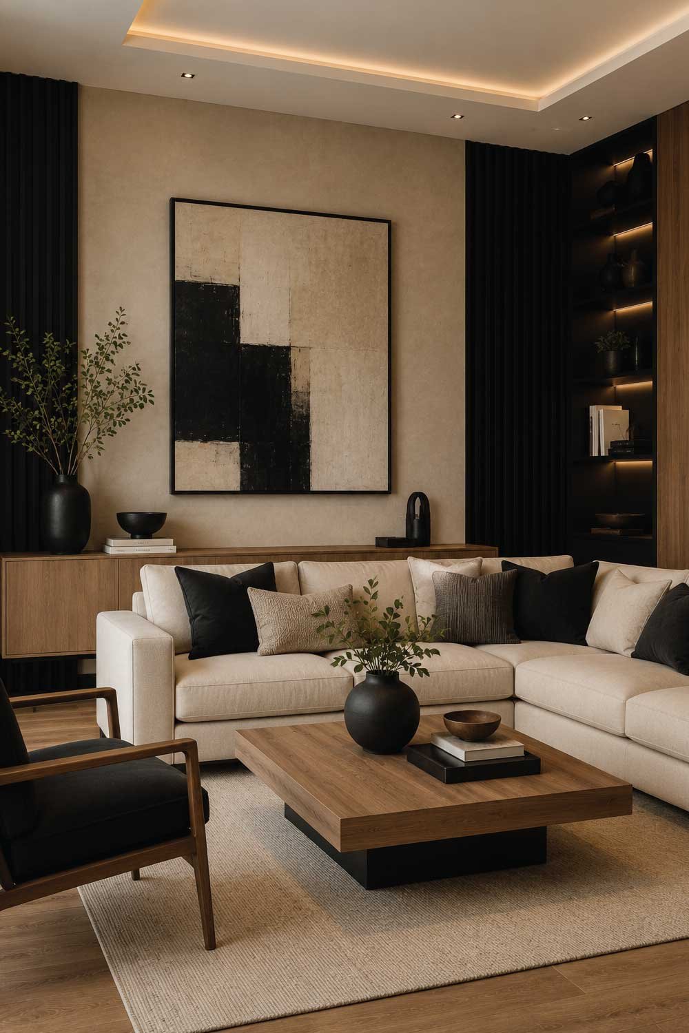 Black, Beige & Warm Wood Contemporary Scheme