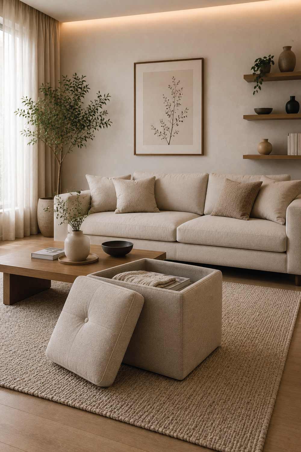 Minimalist Storage Ottoman for Hidden Functionality