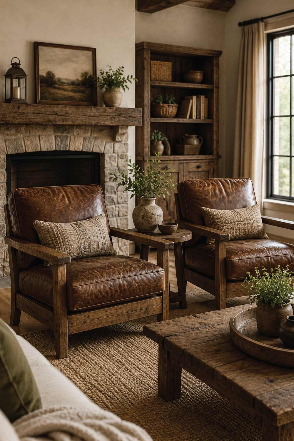 Rustic Leather Armchairs with Wooden Frames