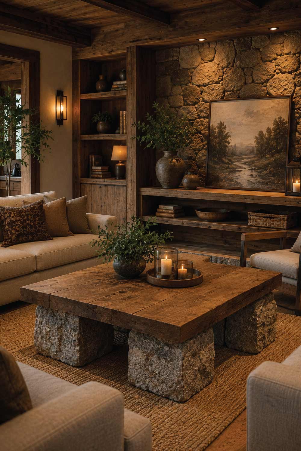 Rustic Stone and Wood Combination Furniture Units