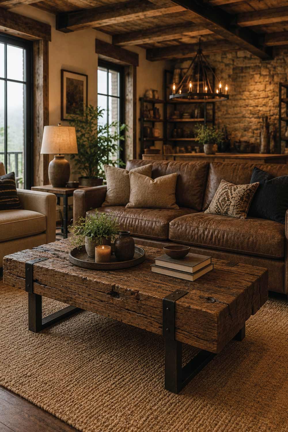 Rustic Wooden Beam Coffee Table with Metal Accents