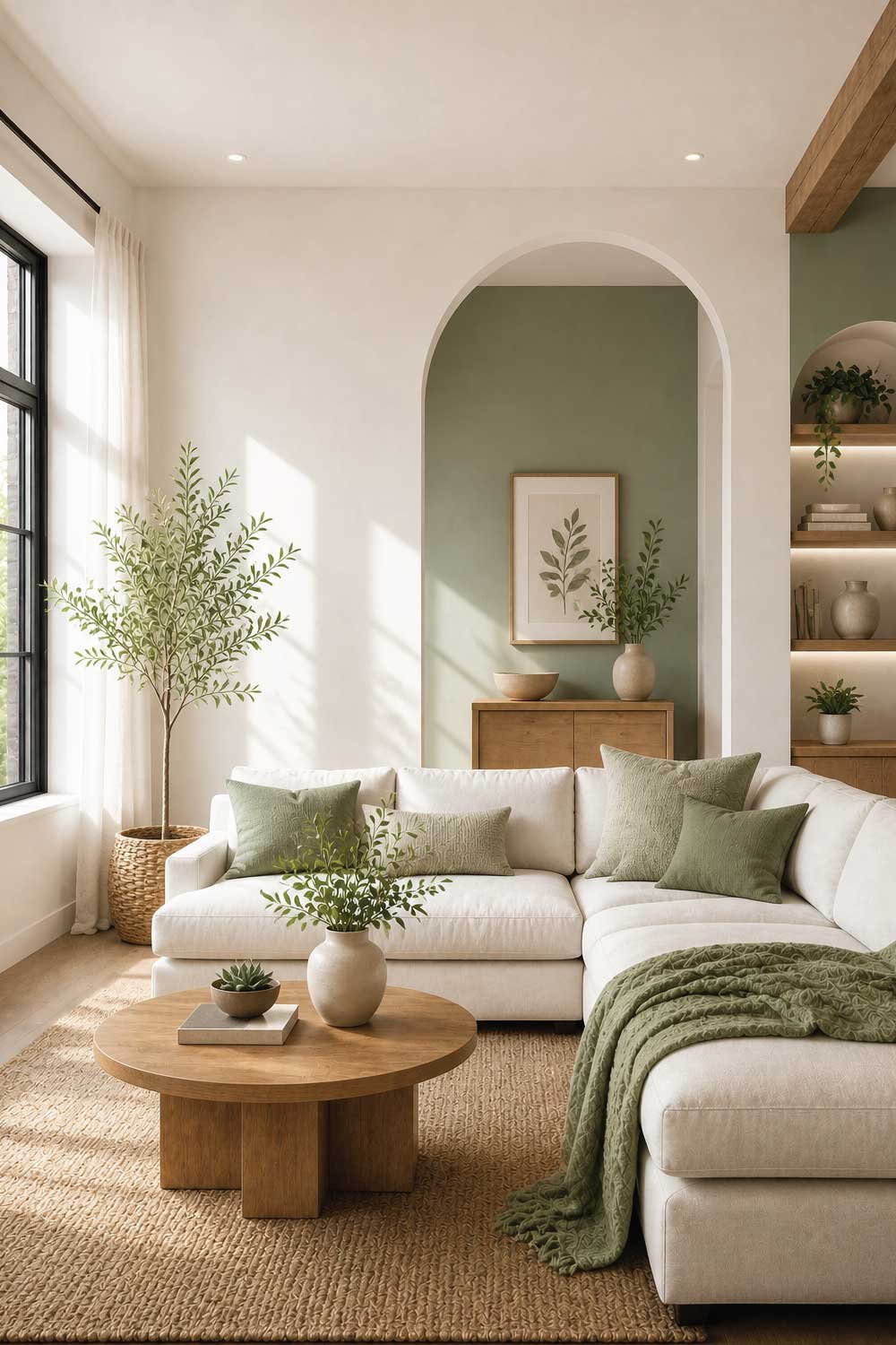 White, Sage Green & Natural Wood Scheme