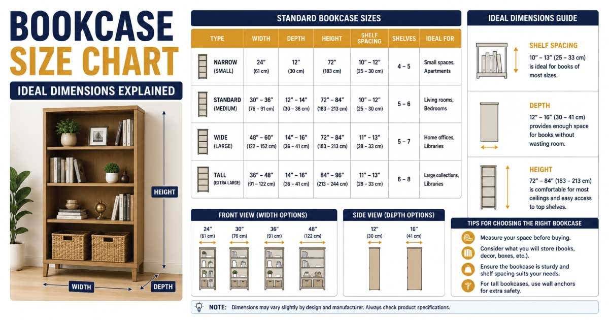 Complete bookcase size chart with height, width, and depth