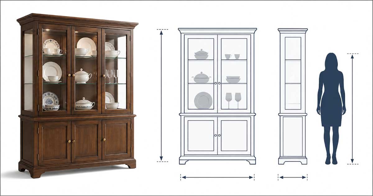 China cabinet size chart showing standard height, width, and depth dimensions