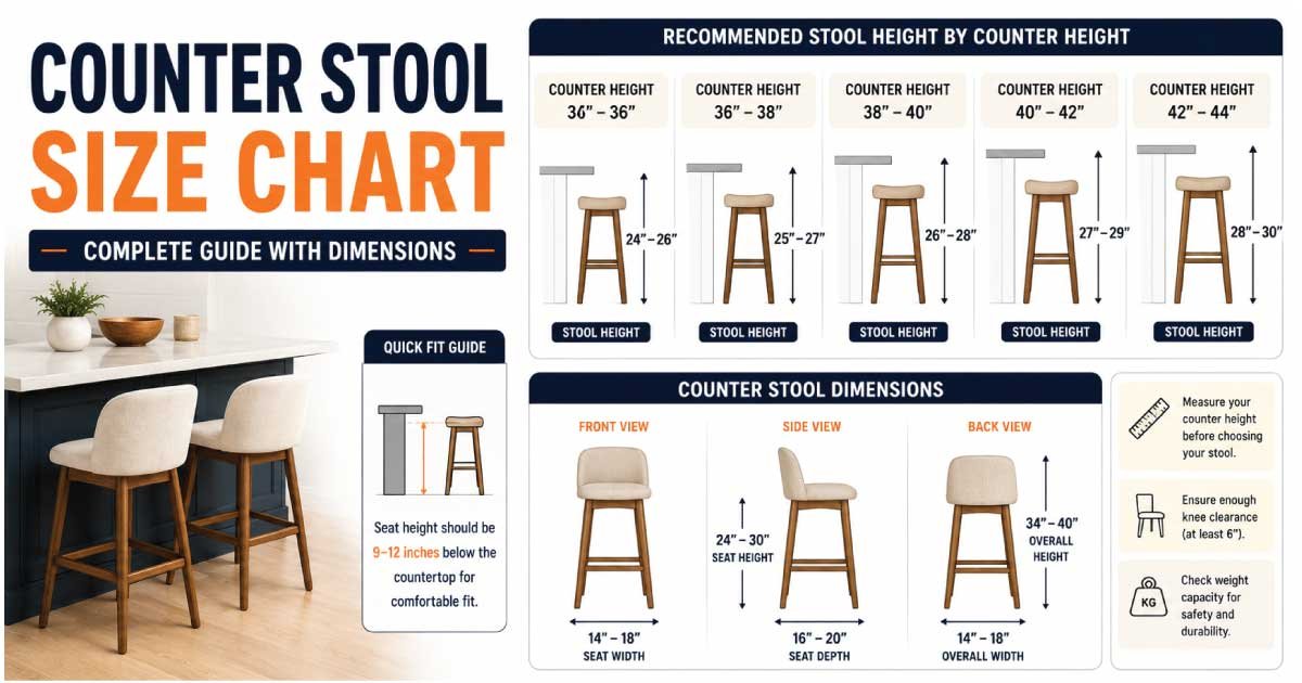 Counter stool size chart showing standard seat height, width, and depth dimensions