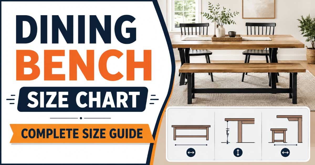 Dining bench size chart showing standard length, width, and height dimensions