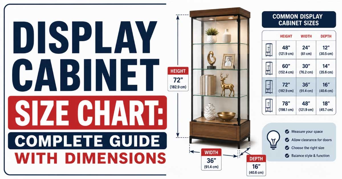Display cabinet size chart showing standard height, width, and depth dimensions
