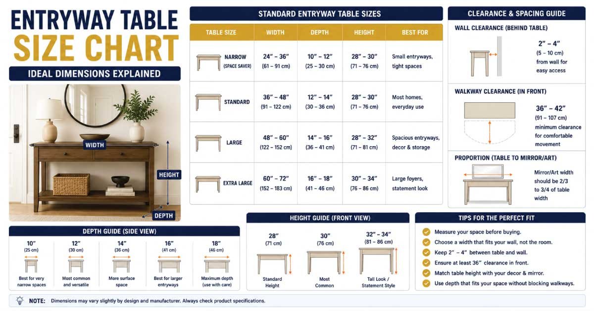 Entryway table size chart showing standard height, width, and depth dimensions