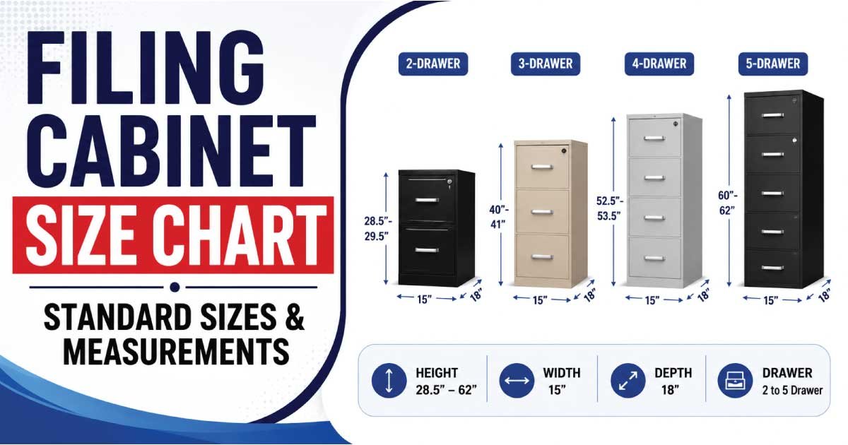 Complete filing cabinet size chart with height, width, and depth