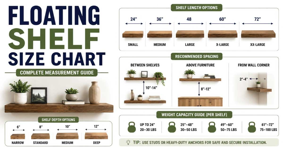 Floating shelf size chart showing standard width, depth, and thickness dimensions