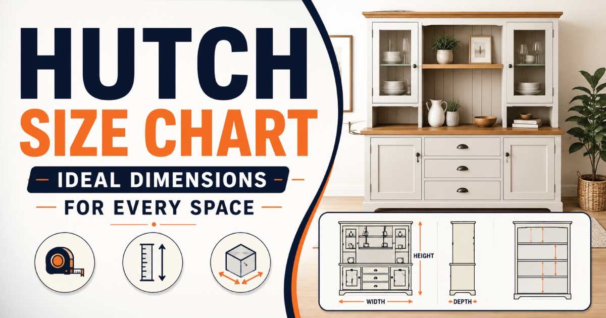 Complete hutch size chart with height, width, and depth
