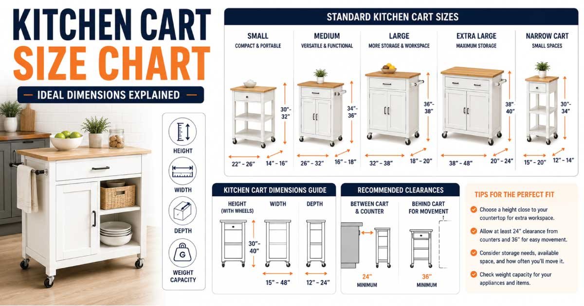 Complete kitchen cart size chart with height, width, and depth