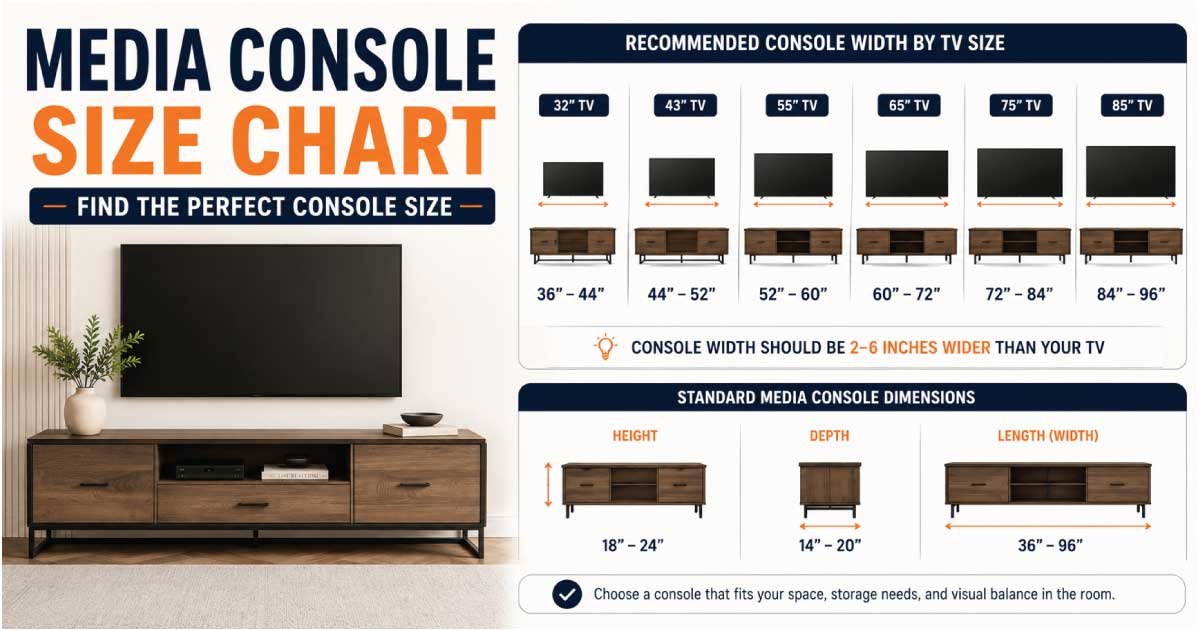 Media console dimensions chart with standard measurements