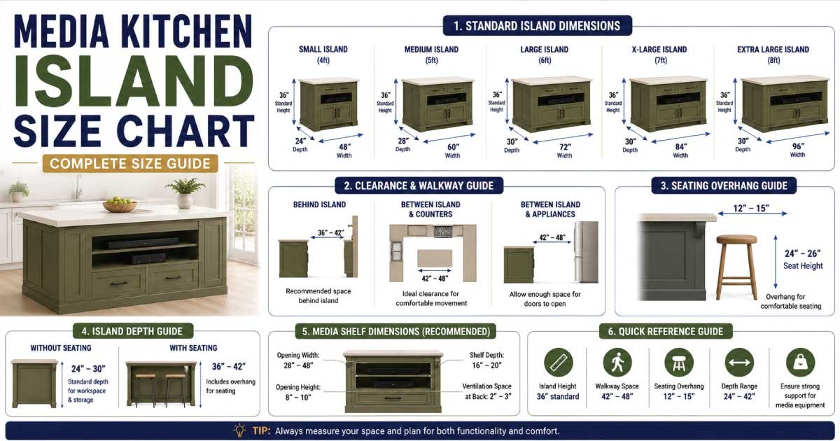 Standard kitchen island size chart for modern kitchens