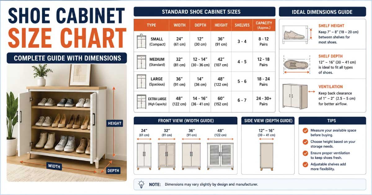 Shoe cabinet dimensions chart with standard measurements