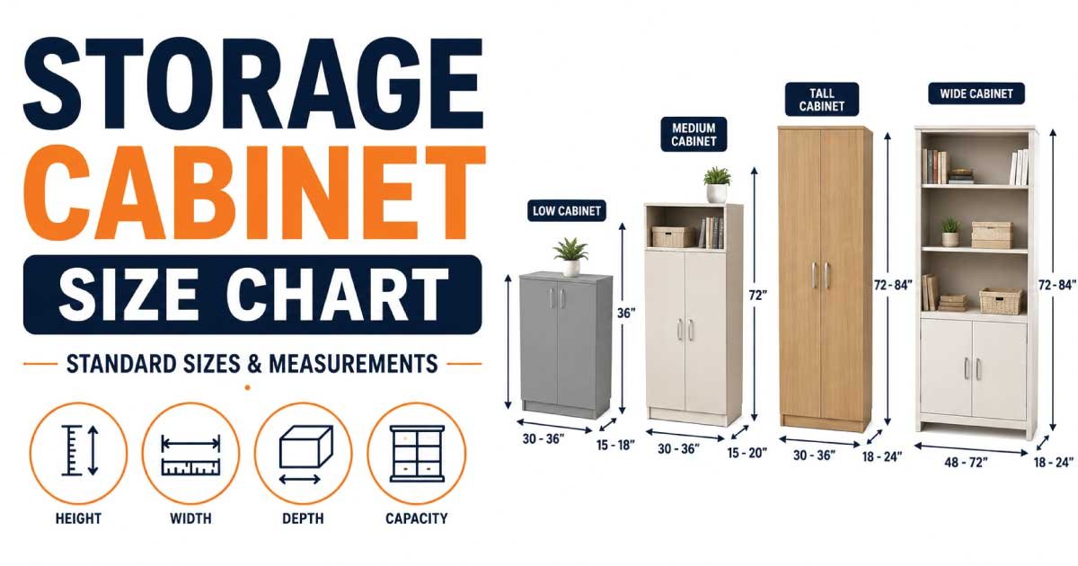 Storage cabinet dimensions chart with standard measurements