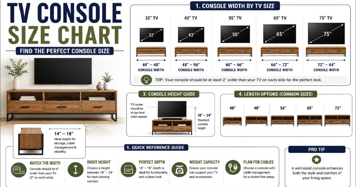 TV console size chart showing standard height, width, and depth dimensions