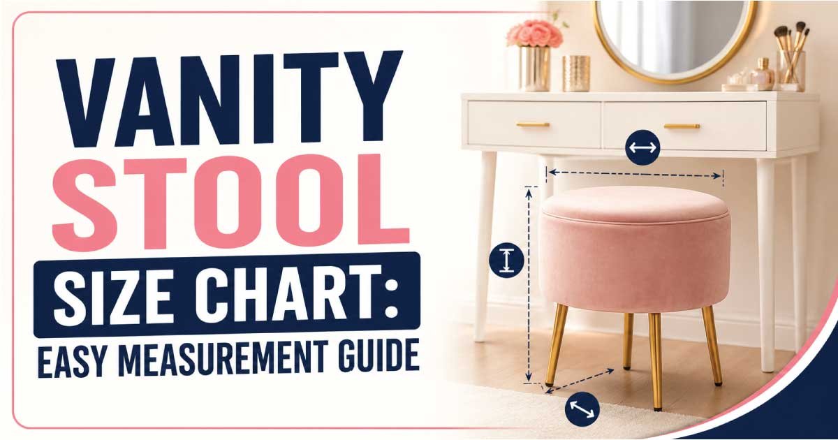 Vanity stool size chart showing standard seat height, width, and depth dimensions