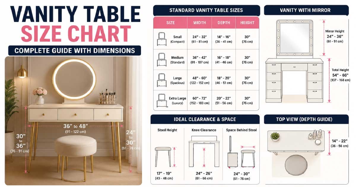 Complete vanity table size chart with height, width, and depth